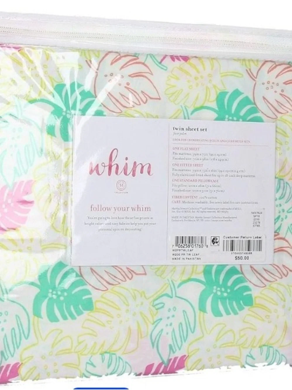 Martha Stewart Whim Palm Leaves Twin Sheet Set New 200Thread Count 100% Cotton